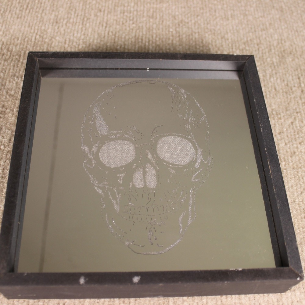 Skull Mirror Light Up Shadow Box Art Etched Glass Black Frame 8x8